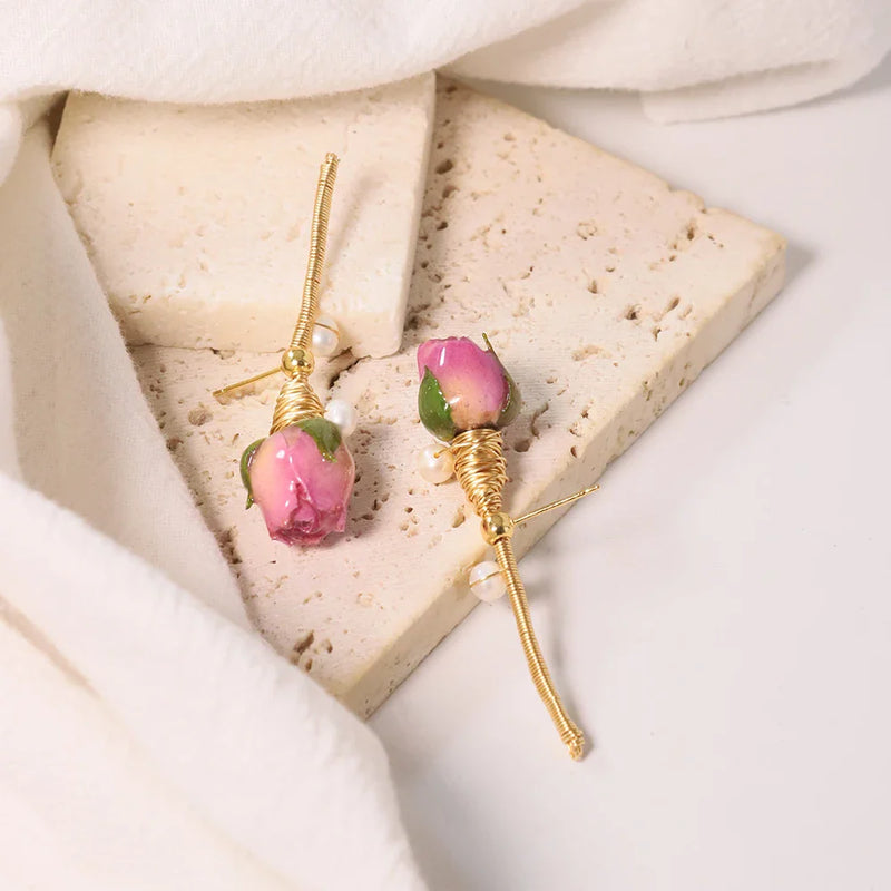 Pearl & Rose Drop Earrings