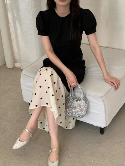 French Style Mermaid Dress Summer Slim Color Collision Polka Dot Fishtail Long Dress