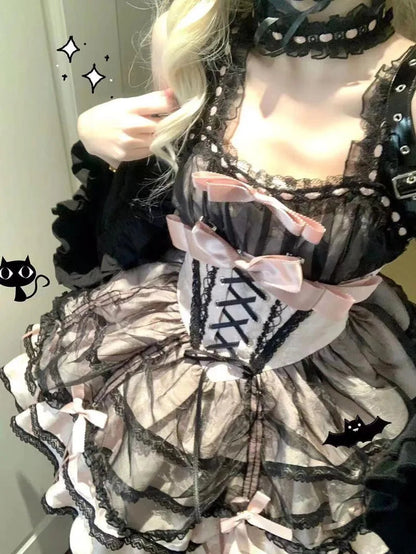 Japanese Sweet Lolita Jsk Dress Gothic Y2k Bow Lace Ruffles Evening Party Mini Dresses Harajuku Kawaii Black Vestidos