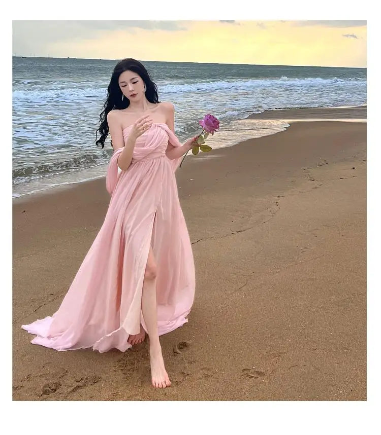 Summer Pink Pleated High Waist Split Long Dress Backless Halter Strapless Fairy Dress Female Vestido