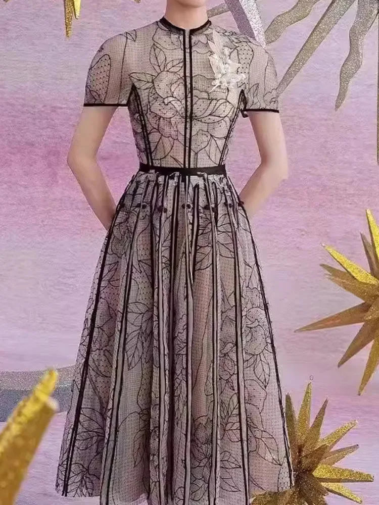 Party Dress O Neck Short Sleeve Lace Mesh Embroidery Long Dresses for Spring Summer 8980