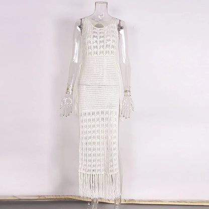Crochet Knitted Maxi Dress Beach Cover Up Dresses Summer High Cut Tassel Dress Swimsuit Beachwear Outfits