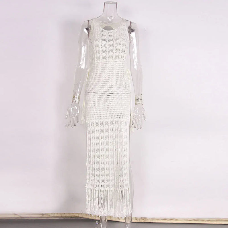 Crochet Knitted Maxi Dress Beach Cover Up Dresses Summer High Cut Tassel Dress Swimsuit Beachwear Outfits