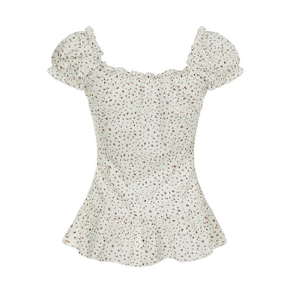 Print Ruched Aline Blouse French Style Singlebreasted Short Sleeve Top Slimming Tieup Collar Shirts