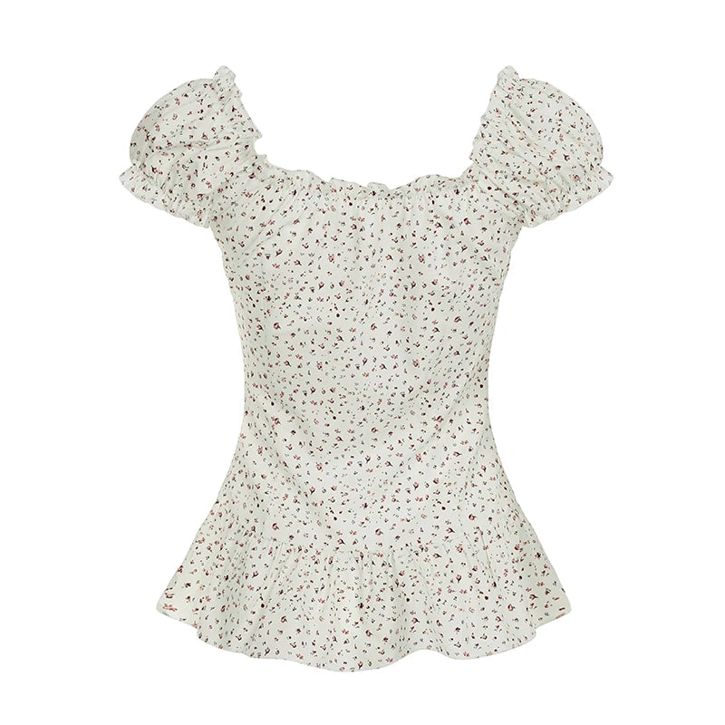 Print Ruched Aline Blouse French Style Singlebreasted Short Sleeve Top Slimming Tieup Collar Shirts