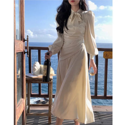 Stain Midi Dresses for Long Sleeve Oneck Bow Tie Aline Korean Vestidos Folded Design Party Prom New