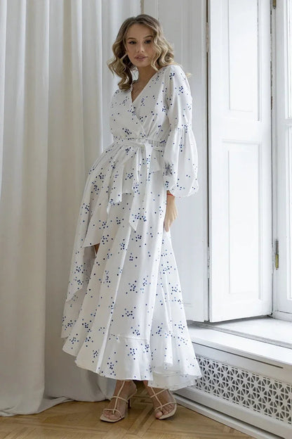 Summer Bandage White Chiffon Blue Polka Dot Long Dresses Long Sleeve Slit Beach Maxi Dresses for