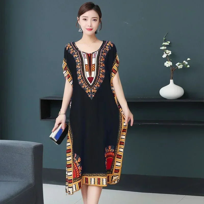 National Style Leisure Holiday Beach Printed Poker Indonesia O-neck Loose Midi Dress Pajamas Loungewear Woman