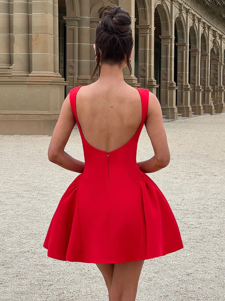 Backless High Waist A-line Mini Dress for Robe O Neck Bodycon Club Party Dress