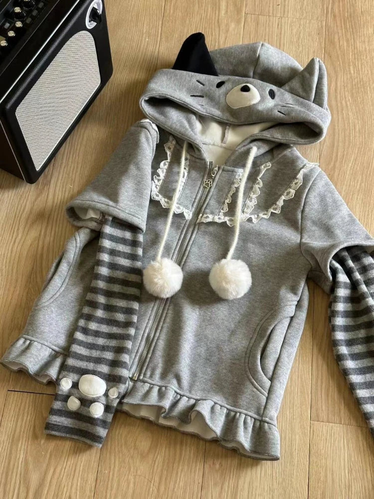 Autumn Winter Japanese Style Hooded Sweatshirt Sweet Kawaii Patchwork Fake Two Piece Jacket Y2k Long Sleeve Coats