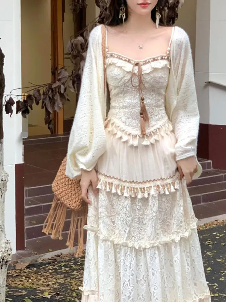 Travel Outfits Vacation Style Three Piece Set for Autumn New Gentle Tank Top+long Skirt+cardigan