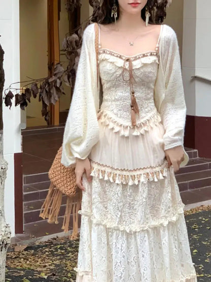 Travel Outfits Vacation Style Three Piece Set for Autumn New Gentle Tank Top+long Skirt+cardigan