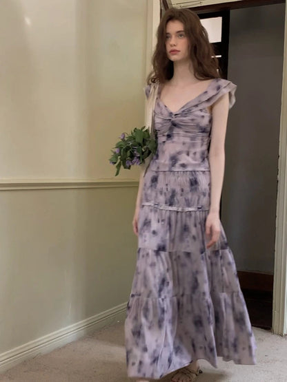 Summer 2 Piece Skirt Sets Sleeveless Blouse + Print Midi Skirt French Evening Party Suits