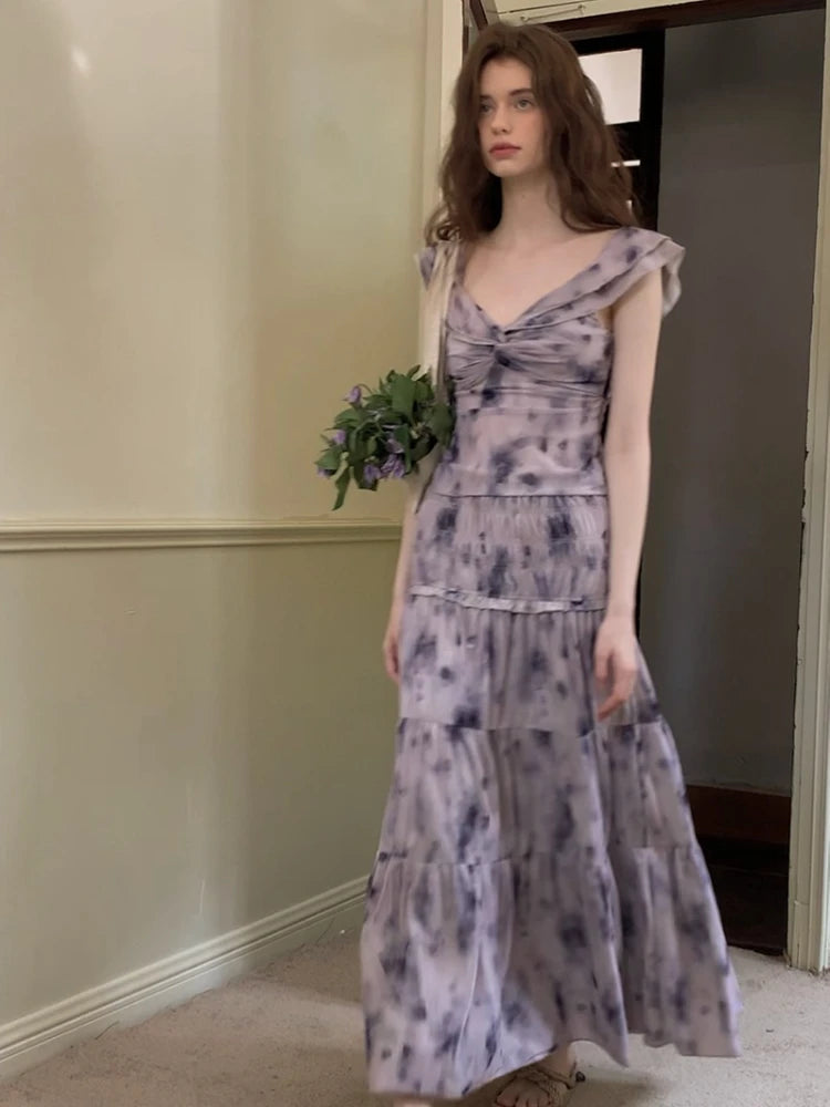 Summer 2 Piece Skirt Sets Sleeveless Blouse + Print Midi Skirt French Evening Party Suits