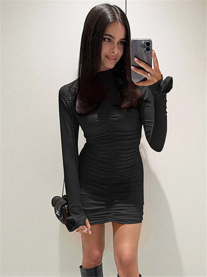 Slim Pleated Mini Dress ’s Long Sleeve High Waist Y2k Dress Female Autumn Clothes Mini Dress