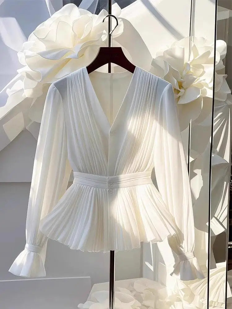Youth Pleated White Long Sleeve Button Up Shirt V Neck Ruffle Tunic Basic Blouse Chiffon Lady Office