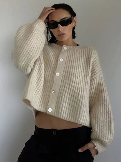 Retro Plush Single Breasted Cardigan Loose O-neck Short Sweaters Female Winter Autumn Street Knitwear