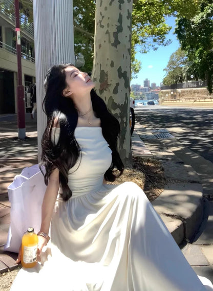 White Long Dresses Fairycore Slash Neck Inclined Shoulder Vestidos Summer Laceup Ruched Trumpet Dress