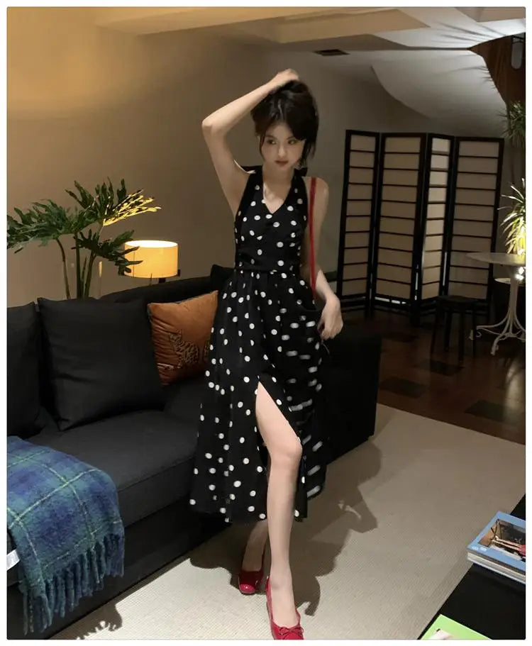 Black Dot Club Pleated Split Long Dresses Sleeveless Halter V Neck Bow Laceup Dress Summer Backless Party Sundress