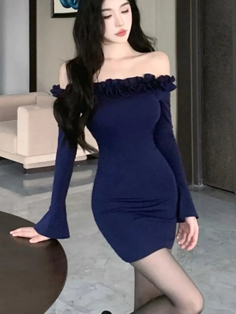 French Sweet Mini Dress Slash Nech Flare Long Sleeves Bodycon Birthday Party Dress Female Short Vestidos