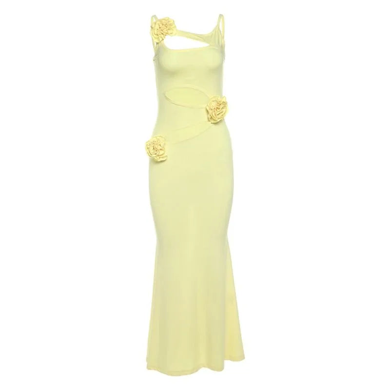 Barbie Hip Dress Summer New Hollow Party Dresses Waist Design Threedimensional Flowers Long Dress.