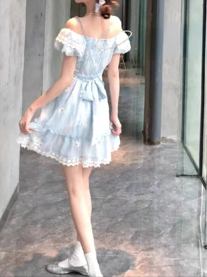 Sweet Kawaii Party Dress Lace Puff Sleeve Mini Dress Summer Korean One Piece Dress New