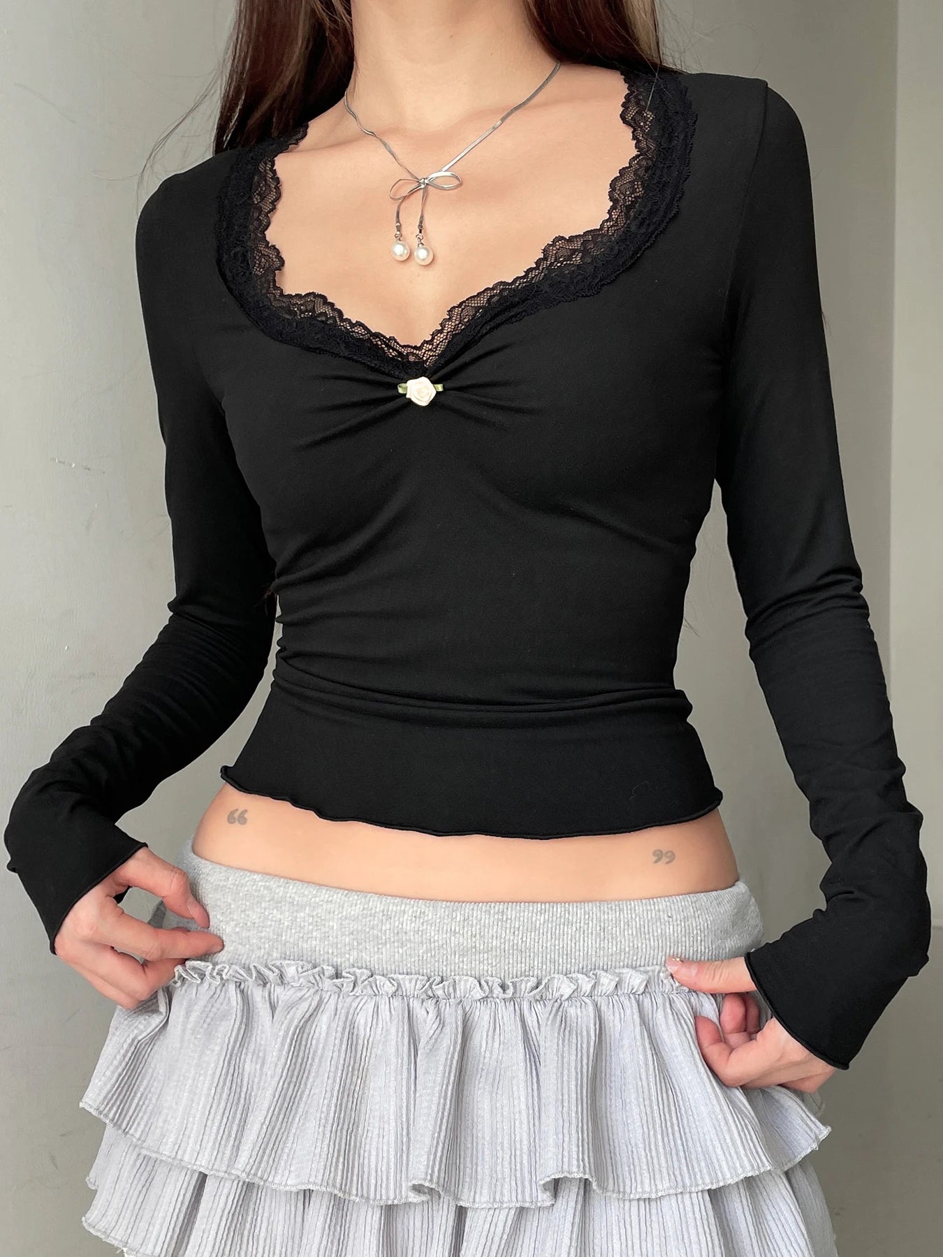 Ruched Lace Trim Square Collar T-shirt Slim Long Sleeve Hotsweet Retro Autumn New Top Tees