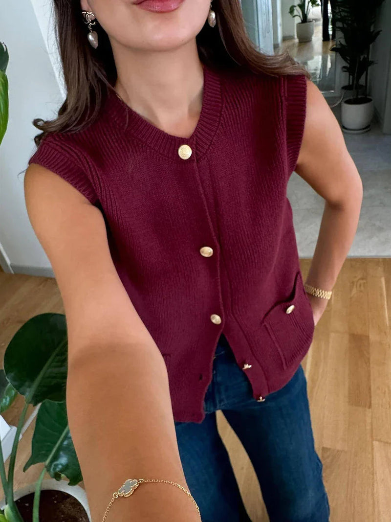 Pocket Cardigan Vest O Neck Single Breasted Sleeveless Knit Waistcoat New Simple Sweater Jacket