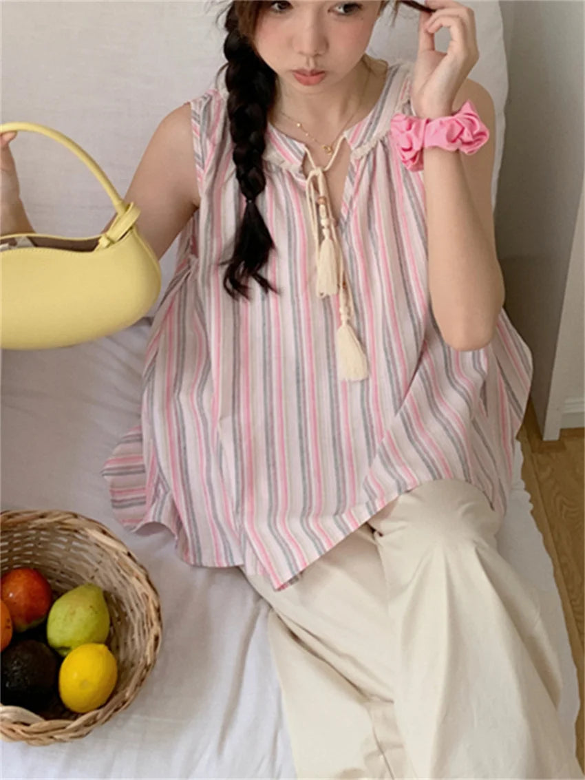 Pink Tank Tops Stripes Sweet Ol Sleeveless Loose Gentle New Office Lady Slim Outwear