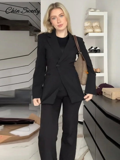 Metal Button Blazer Suit Slim V Neck Long Sleeve Fake Pocket Jacket Autumn Shoulder Pads Office Lady Outwear