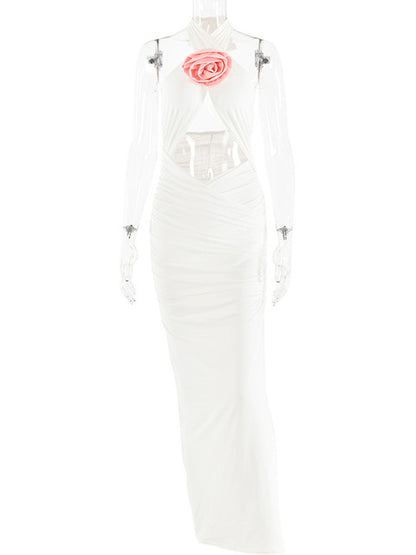 3d Flower Hollow Out Backless ’s Dress Zipper Female Sleeveless Bodycon Maxi Dress Party Club Evening Dress