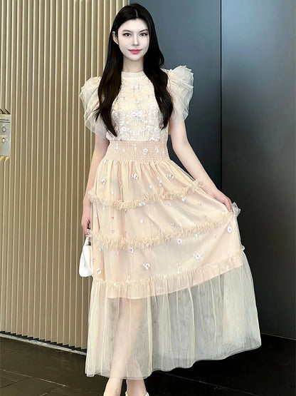 Temperament Flying Sleeve Embroidery Long Maxi Dress for Lace Splicing Mesh Party Dress