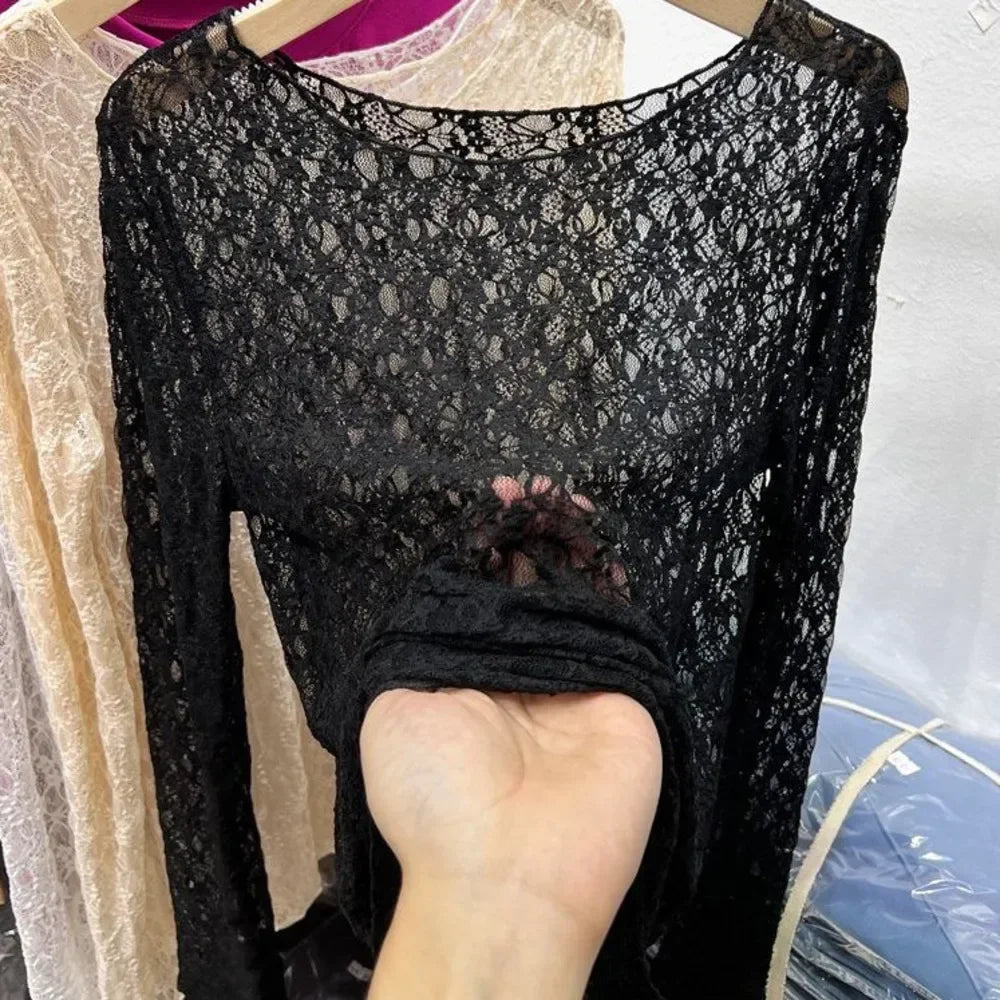 Lace Mesh High Collar Bottom T-shirts Female Long Sleeve Autumn Style Tight Thin Tops T-shirts Clothes