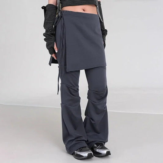 Retro Fake Two Piece Wideleg Pants Spring New High Street Drawstring Laceup Color Trousers