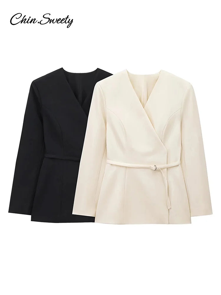 Slim Belt Blazer Coat for V Neck Buckle Long Sleeve Suit Jacket Spring Lady Commute High Waisted Outwear New