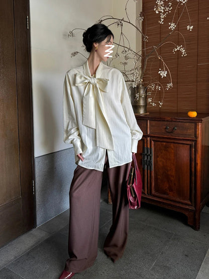 Beige Blouse Bow Tie Long Sleeve Shirt Female Oversized Office Spring Clothes