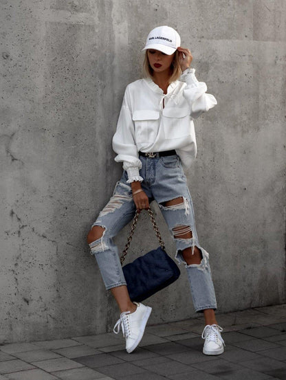 Ruffle Collar Tie Up Blouse