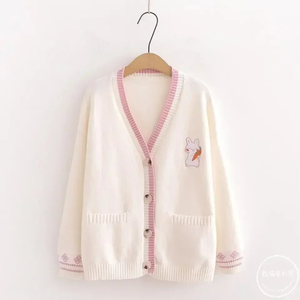 Korean Sweet Sweaters Japanese V Neck Long Sleeve Cardigans New Embroidery Cardigan
