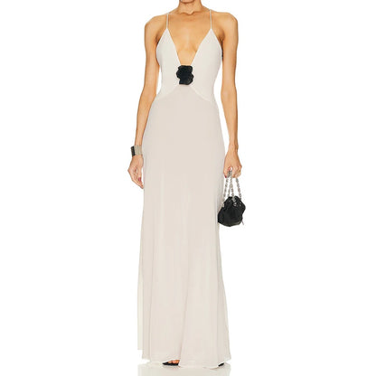 3d Flower Decro V Neck Low Cut Dress Backless Spaghetti Strap Long Dress Club Party Holiday Vestidos