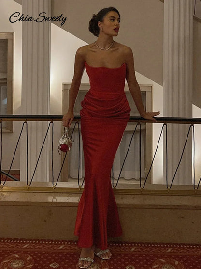 Pleat Strapless Long Dresses Sleeveless Backless Hip Package Lace-up Party Dress Lady New Christmas Cocktail Gowns