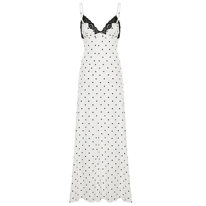 French Style Polka Dot Print Long Dress Coquette Aesthetic Contrast Color Lace Patchwork Sleeveless Sundress Holiday