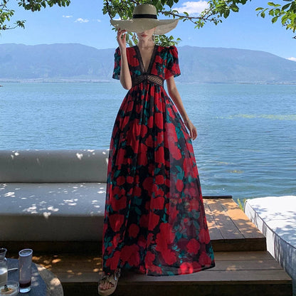 French Lace Retro Long Dresses for Print Puff Sleeve Vneck High Waist Dress Loose Oversize Beach Vestidos