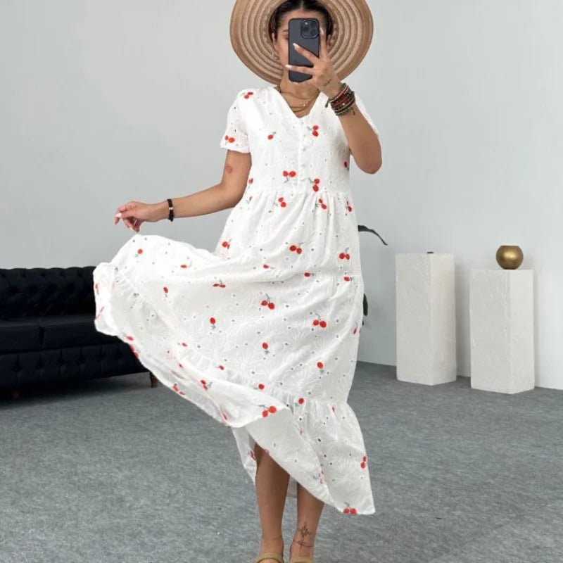 Embroidery Maxi Dresses for Summer Puff Sleeve Slim White Dress Party Club Aline Dress