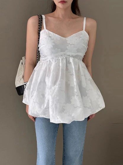 3d Embroidered Jacquard Tank Top Strap Summer New Style Unique Design Lotus Leaf Edge Puff Blouse Top