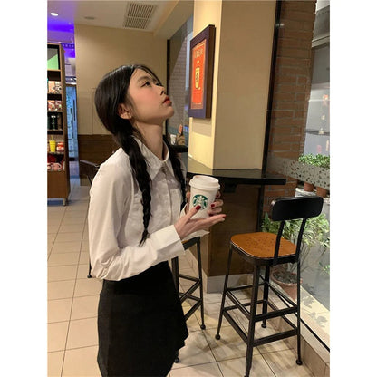 Y2k Cropped White Shirts Preppy Irregular Long Sleeve Blouses Summer Korean Pockets Slim Design Tops