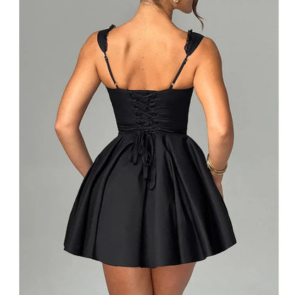 Corset Dress Color Square Collar Sleeveless Lace Trim Hem a Line Mini Dress Evening Party Dresses
