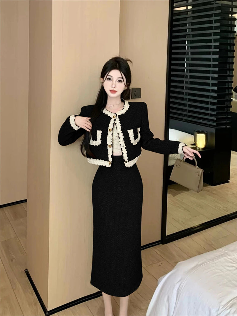 Small Fragrance Tweed Skirts Sets O Neck Patchwork Short Cardigans Jacket Long Skirt Korean Two Piece Set Female Outfits