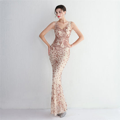 V-neck Sleeveless Dress With Stones and Crystals Sequins Tassel Party Dresses High Waisted Long Dress