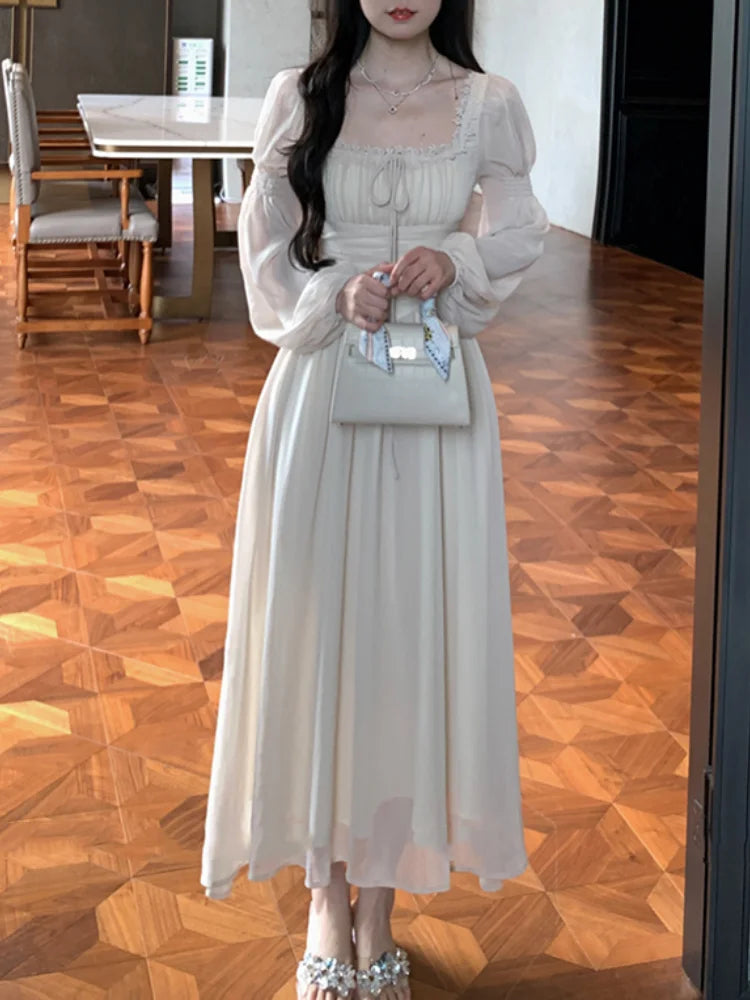 French Lantern Sleeve Lace Up Midi Dress Summer Square Neck Evening Party Prom Robe Female Vestidos Mujer Autumn