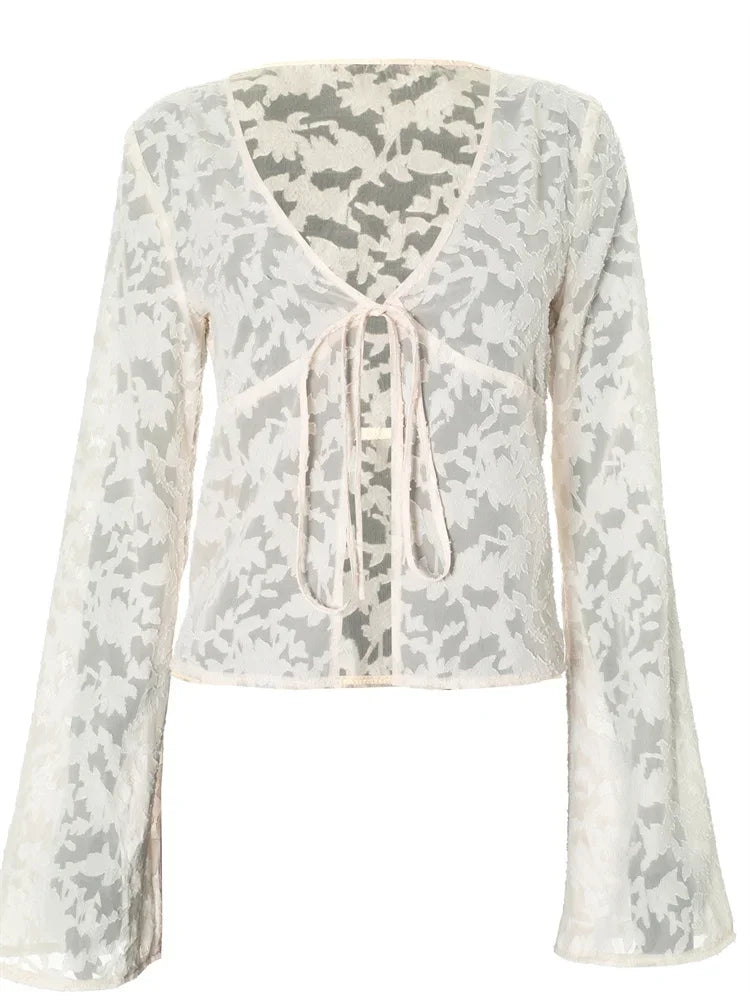 Lace Printed See-through T-shirt Cardigan Top Female Lace-up Patchwork Cropped Y2k Top Tee ’s Bandage Top